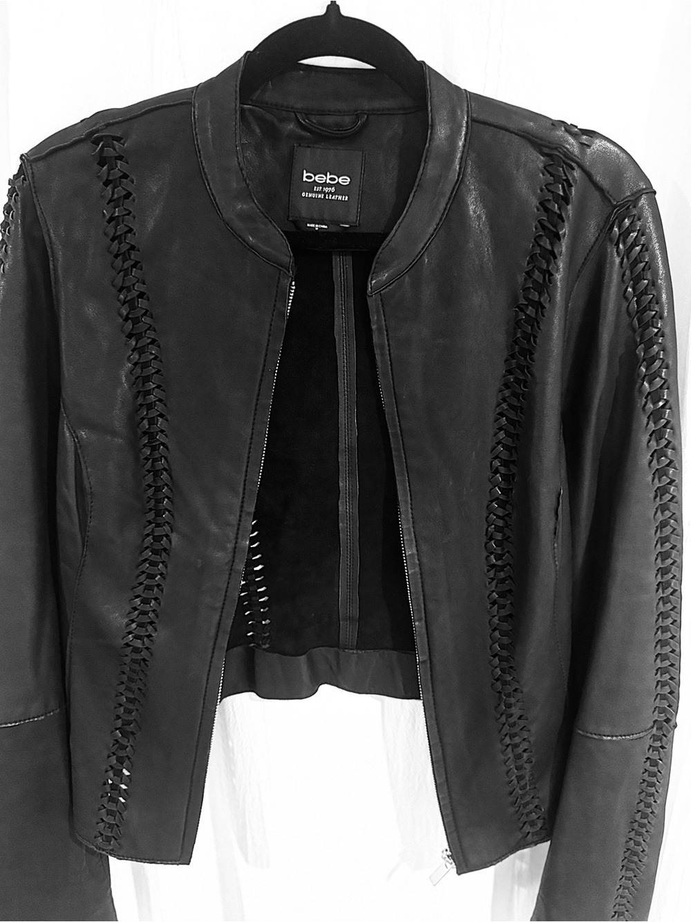 Vintage Y2K Bebe Genuine Leather Braided Jacket Black M - Picture 3 of 7
